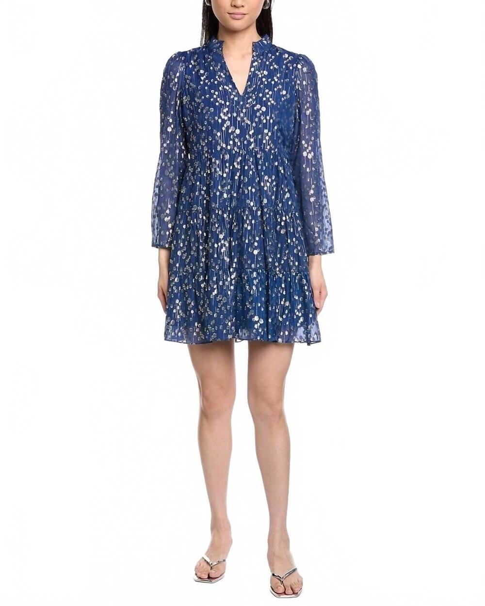 NEW SAIL TO SABLE lurex clip dot long sleeve tunic flare dress in navy